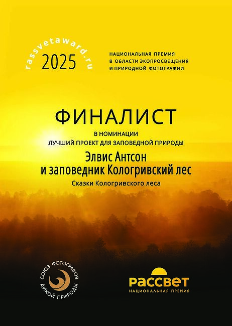 Элвис Антсон. Сказки Кологривского леса. Номинация "Лучший проект для заповедной природы". ФИНАЛИСТ II Национальной премии в области экопросвещения и природной фотографии «РАССВЕТ». Финалист премии Рассвет.jpg