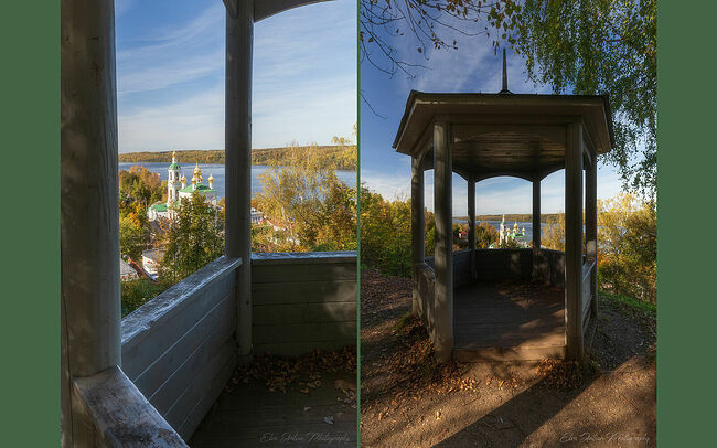 Элвис Антсон Фотограф. Золотая осень в Плёсе. Беседка с видом на Воскресенскую церковь.