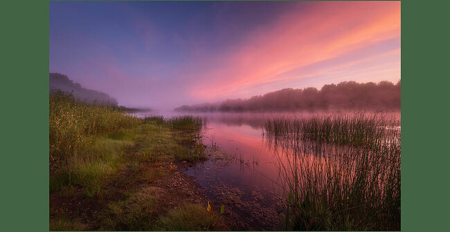 Утренний туман невесомой вуалью окутывает прибрежные кусты. Воздух наполнен свежестью. В этой предрассветной тишине каждый звук слышен особенно отчётливо: и редкий всплеск рыбы, и шорох камышей, и едва уловимый вздох ветра. Туман постепенно истончается, превращаясь в серебристую дымку, а рассветные краски становятся всё ярче. Река готовится встретить новый знойный день.  Данное фото представлено в авторском проекте "Очарование земли Кологривской" на ХIII Общероссийском фестивале природы ПЕРВОЗДАННАЯ РОССИЯ.